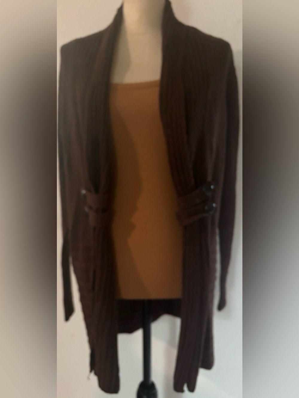 Women's Brown Ribbed Open-Front Cardigan with Buttoned Side Straps